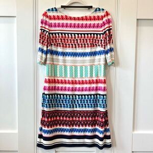 Eliza J Printed Stripe Shift Dress Women’s Size 10 Stretch Midi 3/4 Sleeve